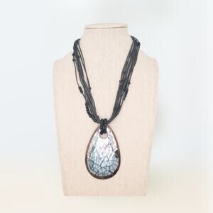 Boutique beaded multi-strand necklace with abalone & wood mosaic teardrop